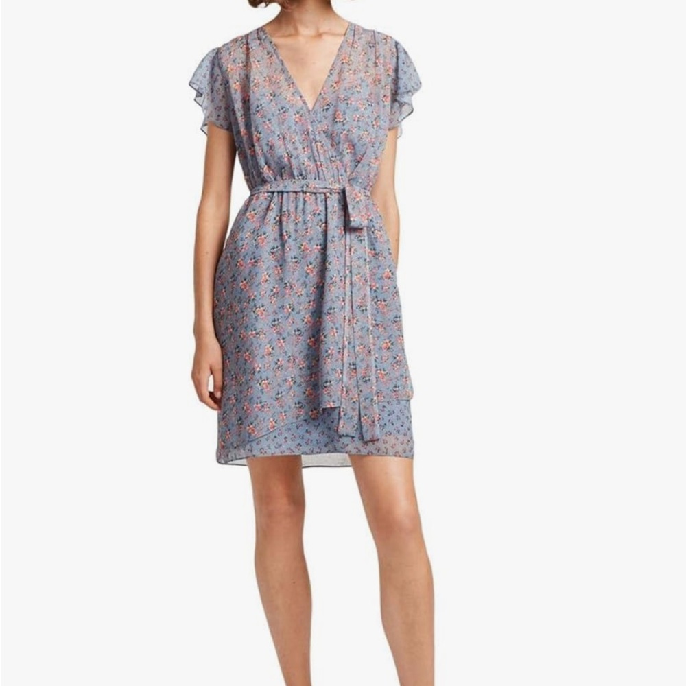 French Connection Womens Celestia Floral Casual Wrap Dress in Summer Surf color